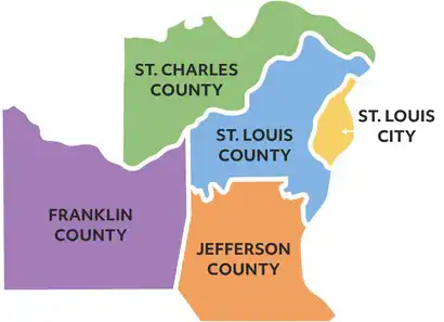 Missouri counties shown are St. Louis, Jefferson, Franklin, and St. Charles, plus the city of St. Louis, MO