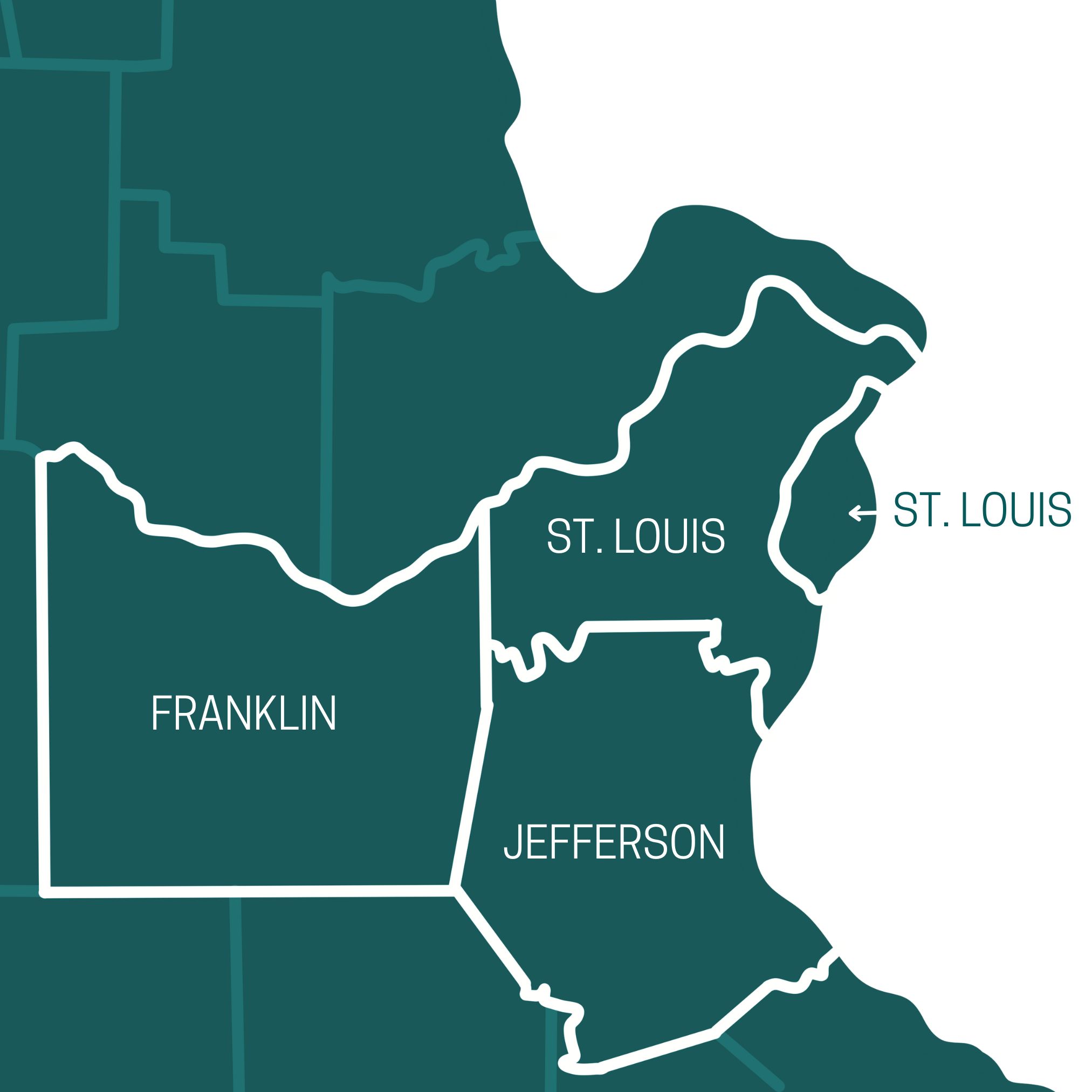 Map of Century CU's field of membership. Outlined are St. Louis, Franklin, and Jefferson county.